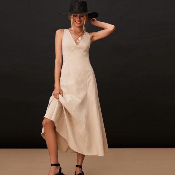 NWT Anthropologie Sleeveless V-Neck A Line Midi Dress Tan - Picture 1 of 7